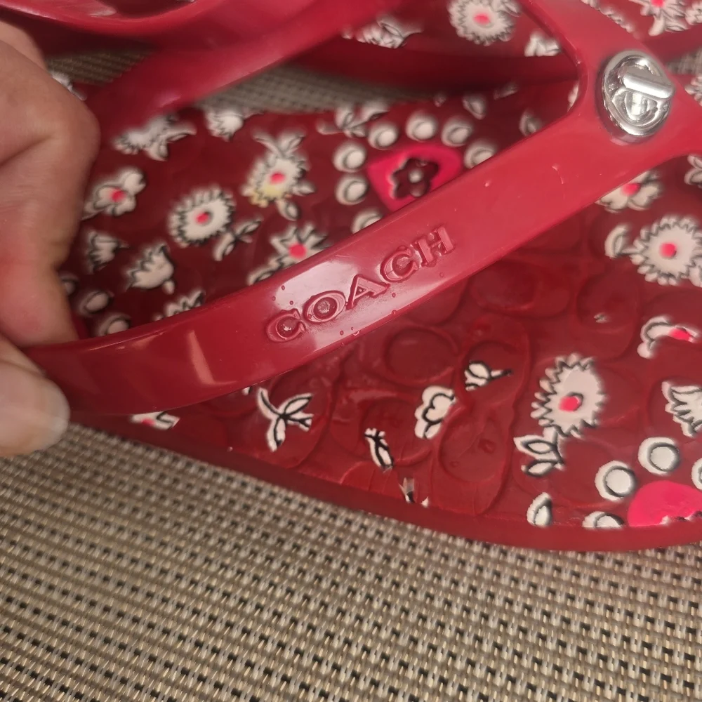 Coach Red Floral Rubber Flip Flops - Picture 5 of 7